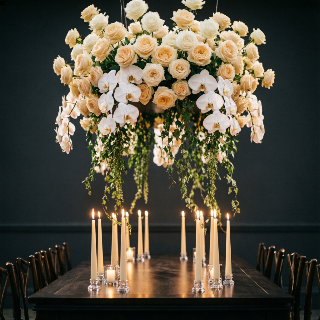 Suspended floral installation above a candlelit banquet table