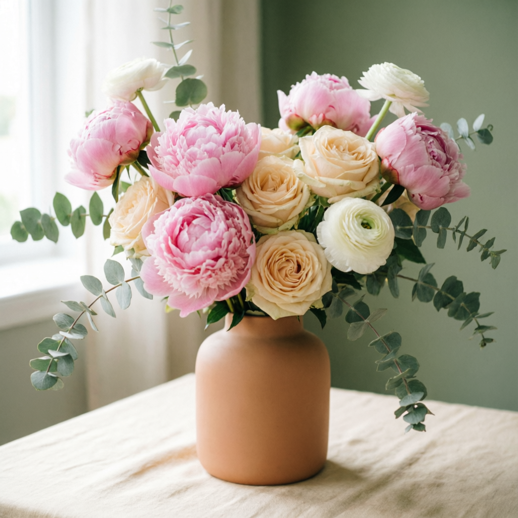 Lush lobby arrangement of blush peonies and cream roses