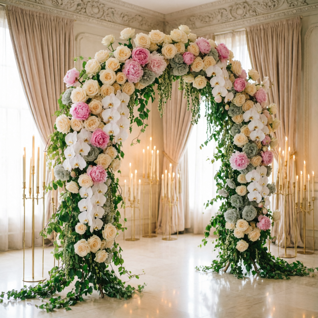 Grand floral arch of cream roses and blush peonies