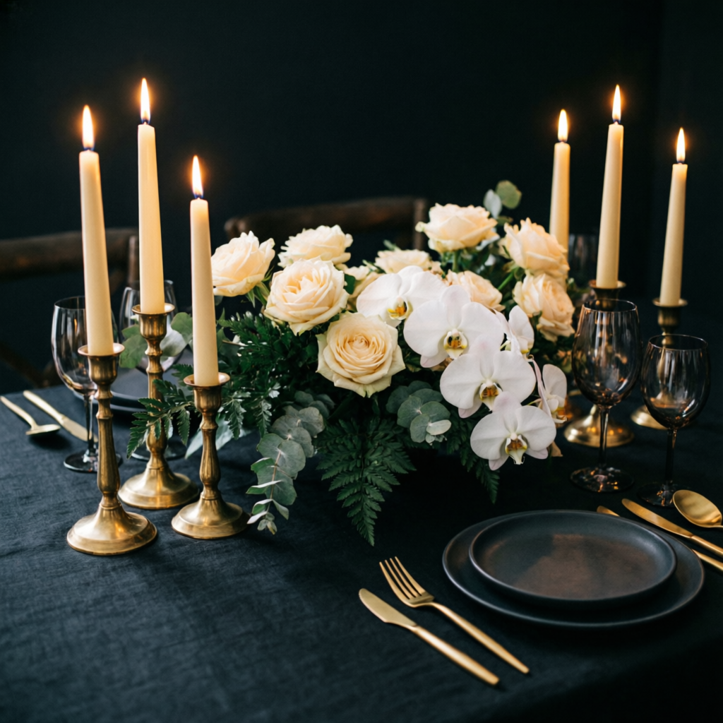 Candlelit dark tablescape with cream roses