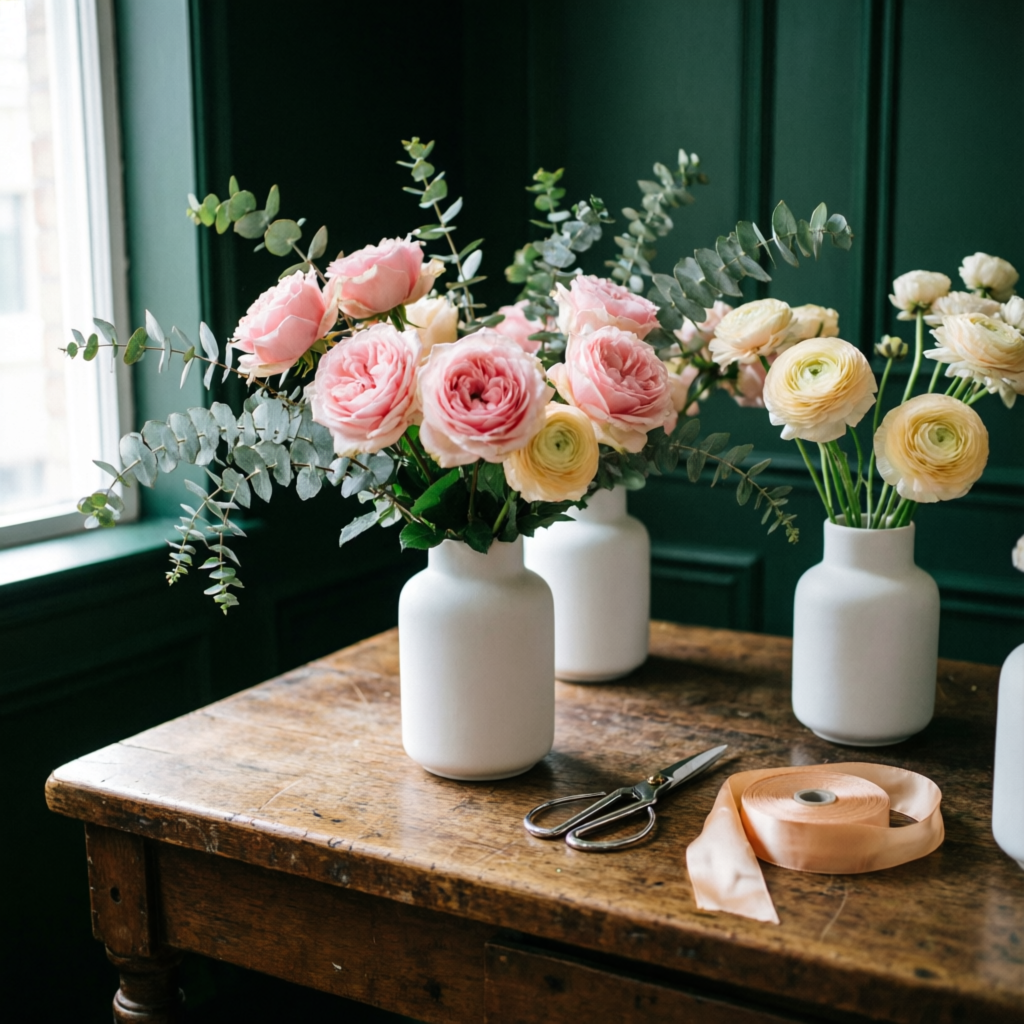 Floral atelier with blush roses on a wooden table