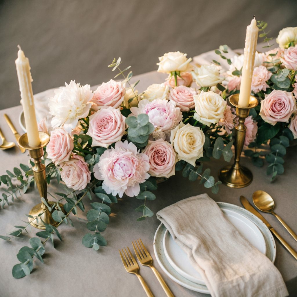 Candlelit tablescape with blush floral runner