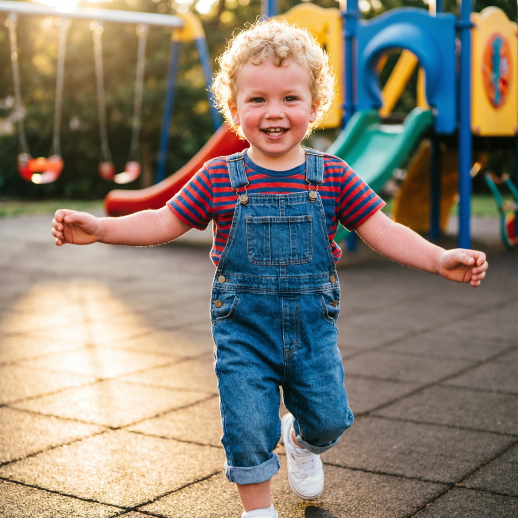 Toddler boy wearing trendy denim overalls casual outfit