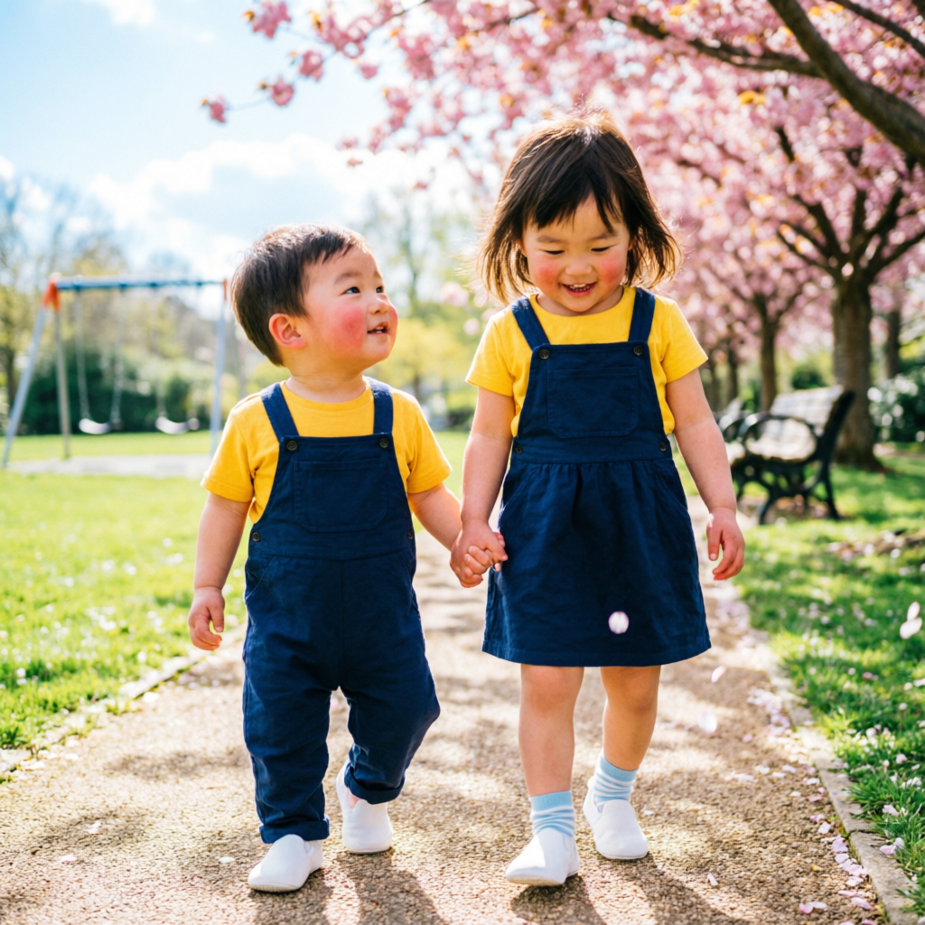Toddler siblings in matching coordinated daily wear outfits