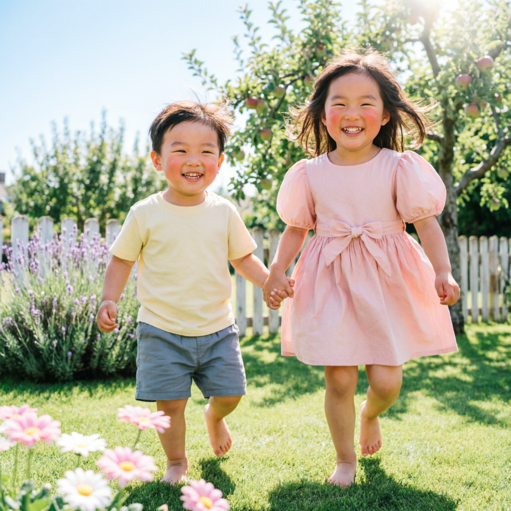 Toddler children running in soft pastel casual clothing sets