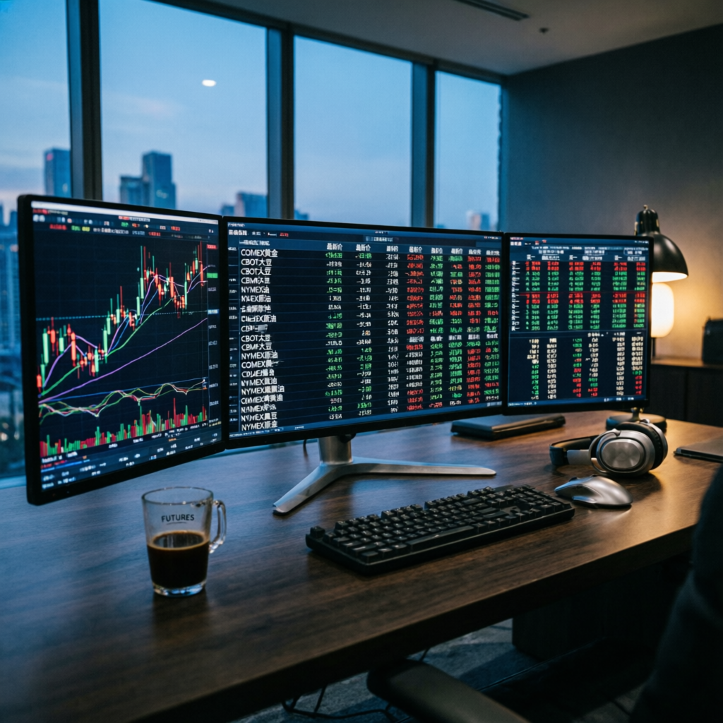 Professional futures trading desk with multiple monitors