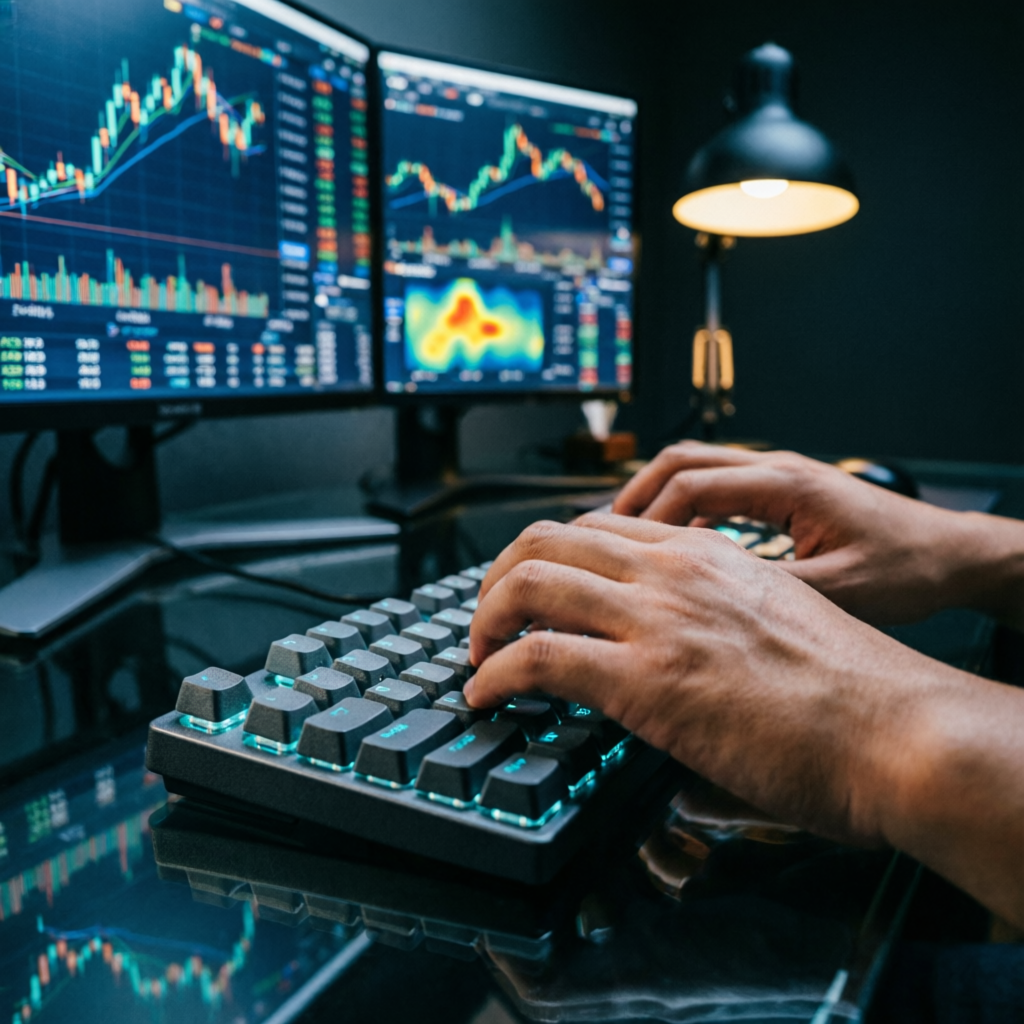 Trader executing risk management strategies on multiple monitors