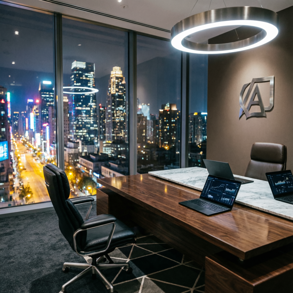 Premium luxury trading firm office with city skyline view