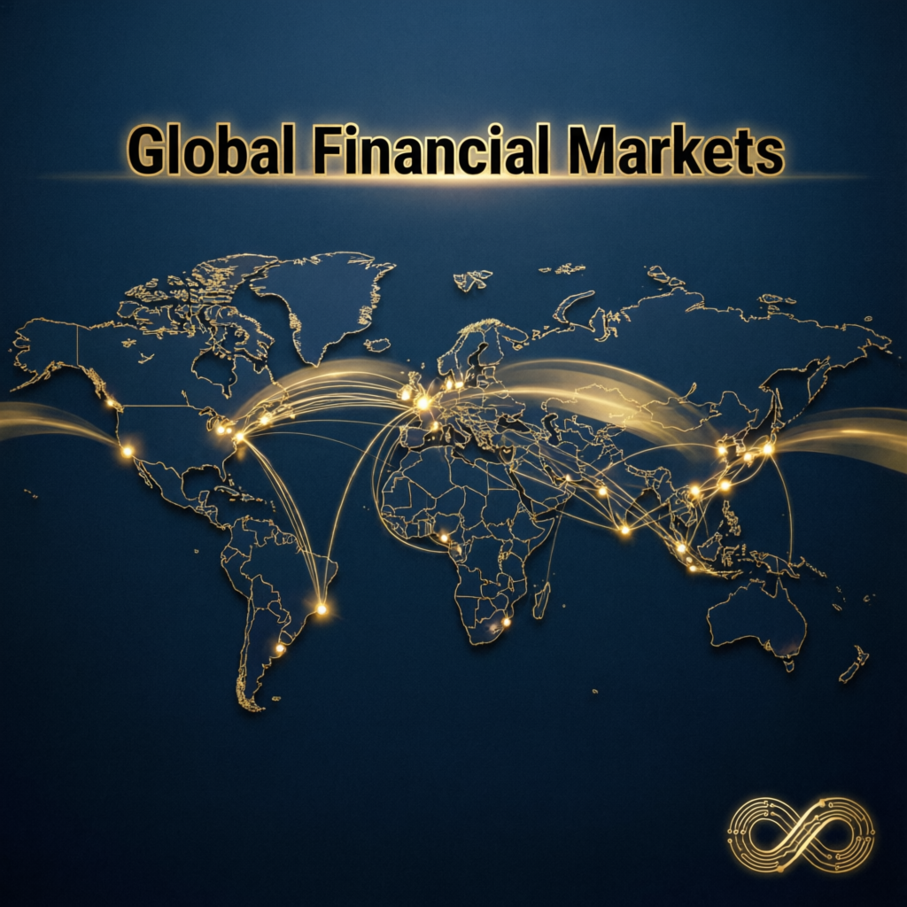 Global financial markets visualization showing worldwide trading connections