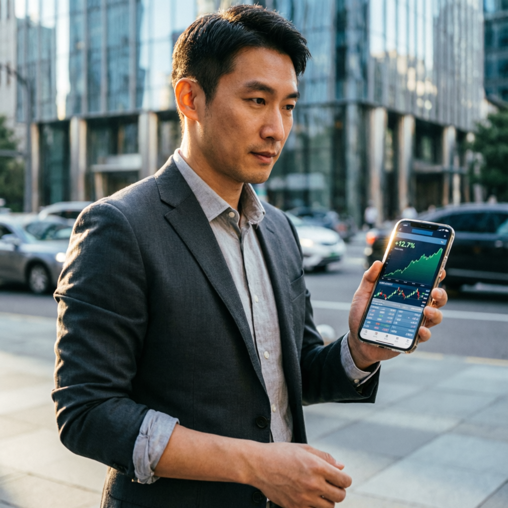 Professional trader using mobile trading app for on-the-go monitoring
