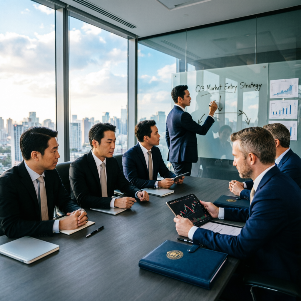 Professional trading team meeting discussing prop firm strategies