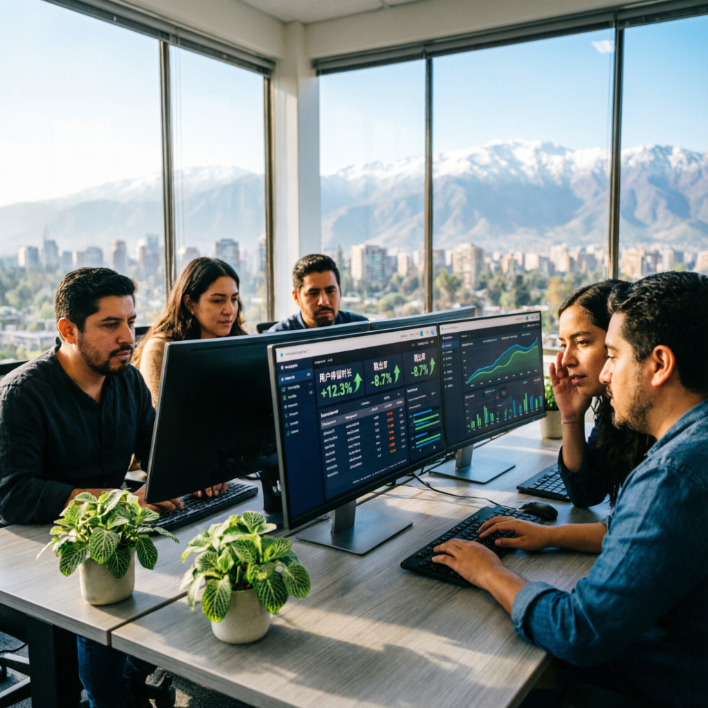 Equipo de seoagencia.cl trabajando con dashboards de analítica y rankings en la oficina de Santiago