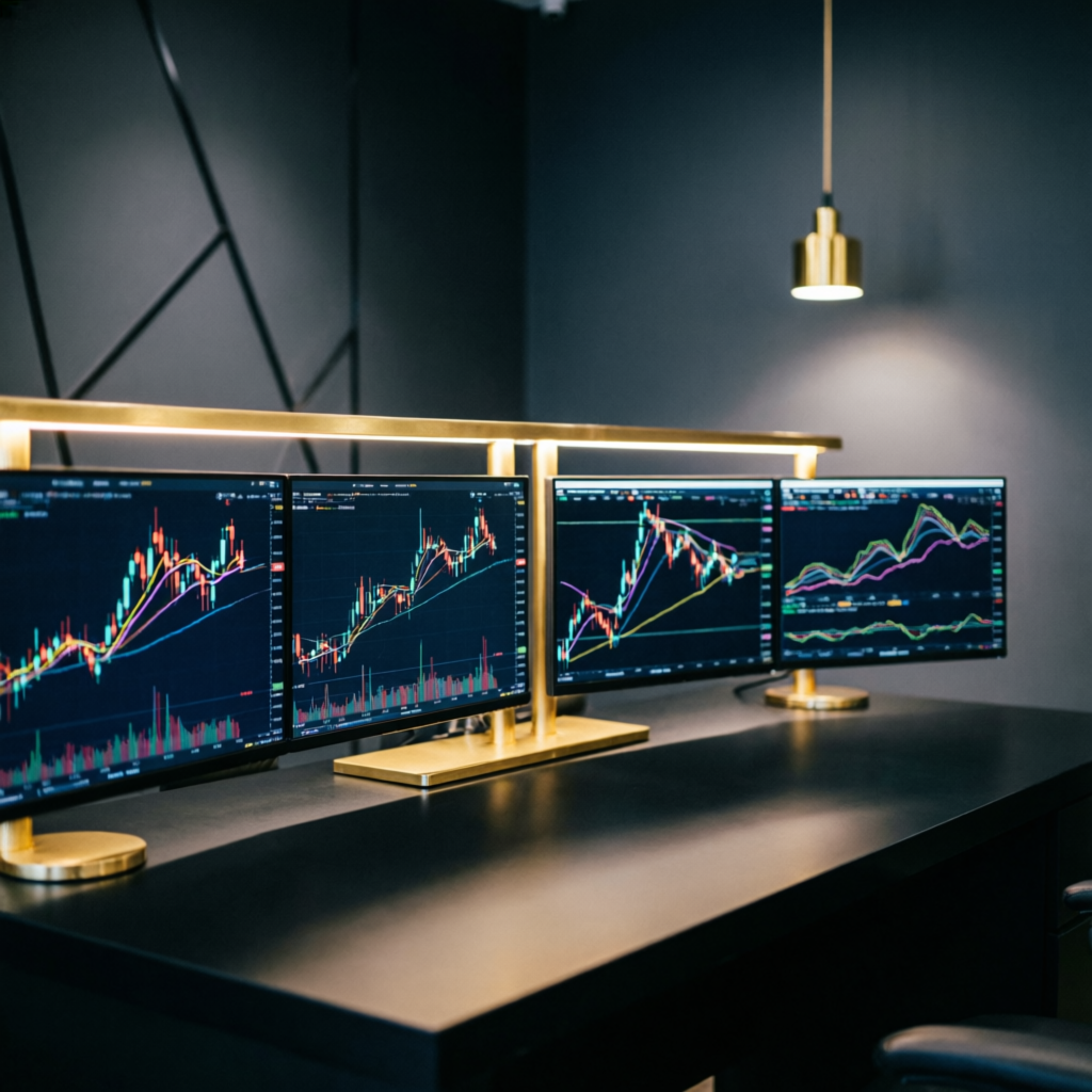 Professional trading desk setup for swing trading on prop firms