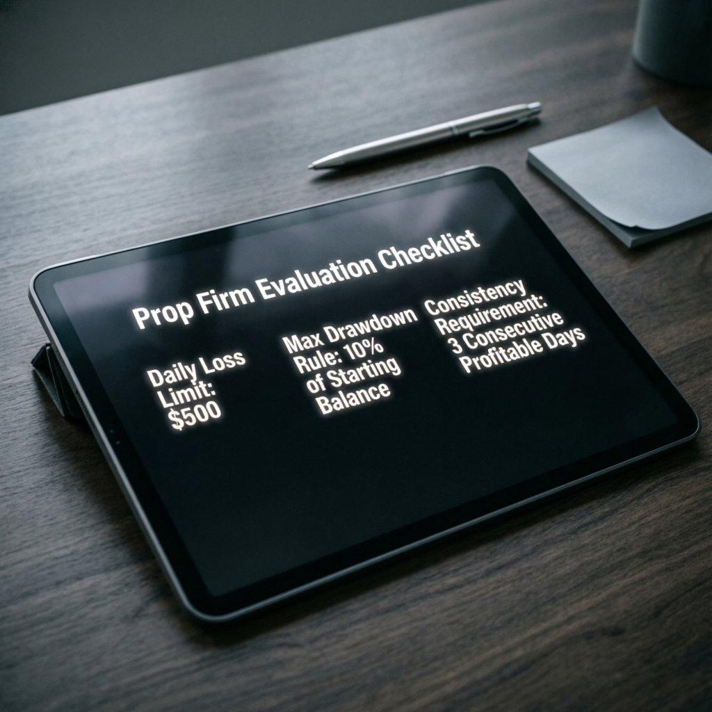 Prop firm evaluation checklist on tablet
