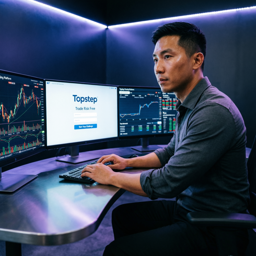 Professional trader using Topstep trading platform on multiple monitors