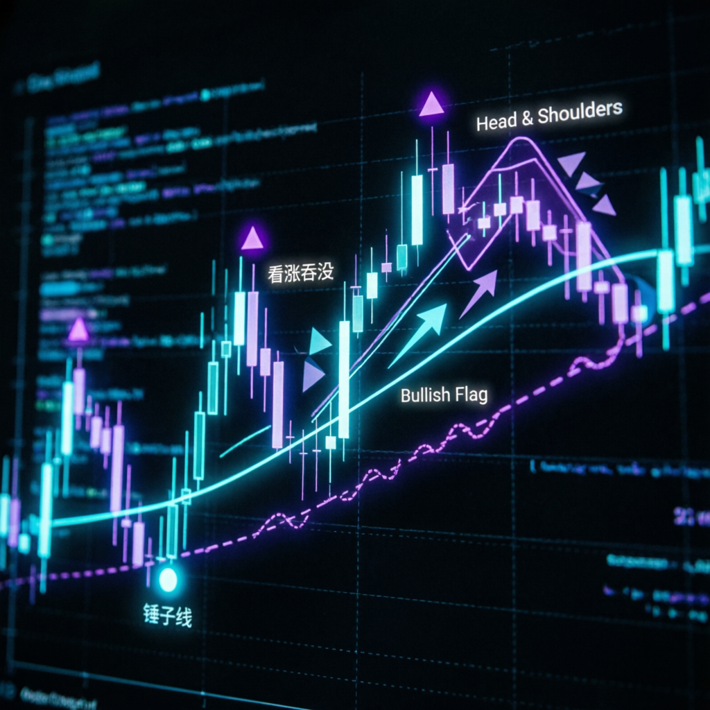 Forex candlestick chart with AI pattern recognition overlay
