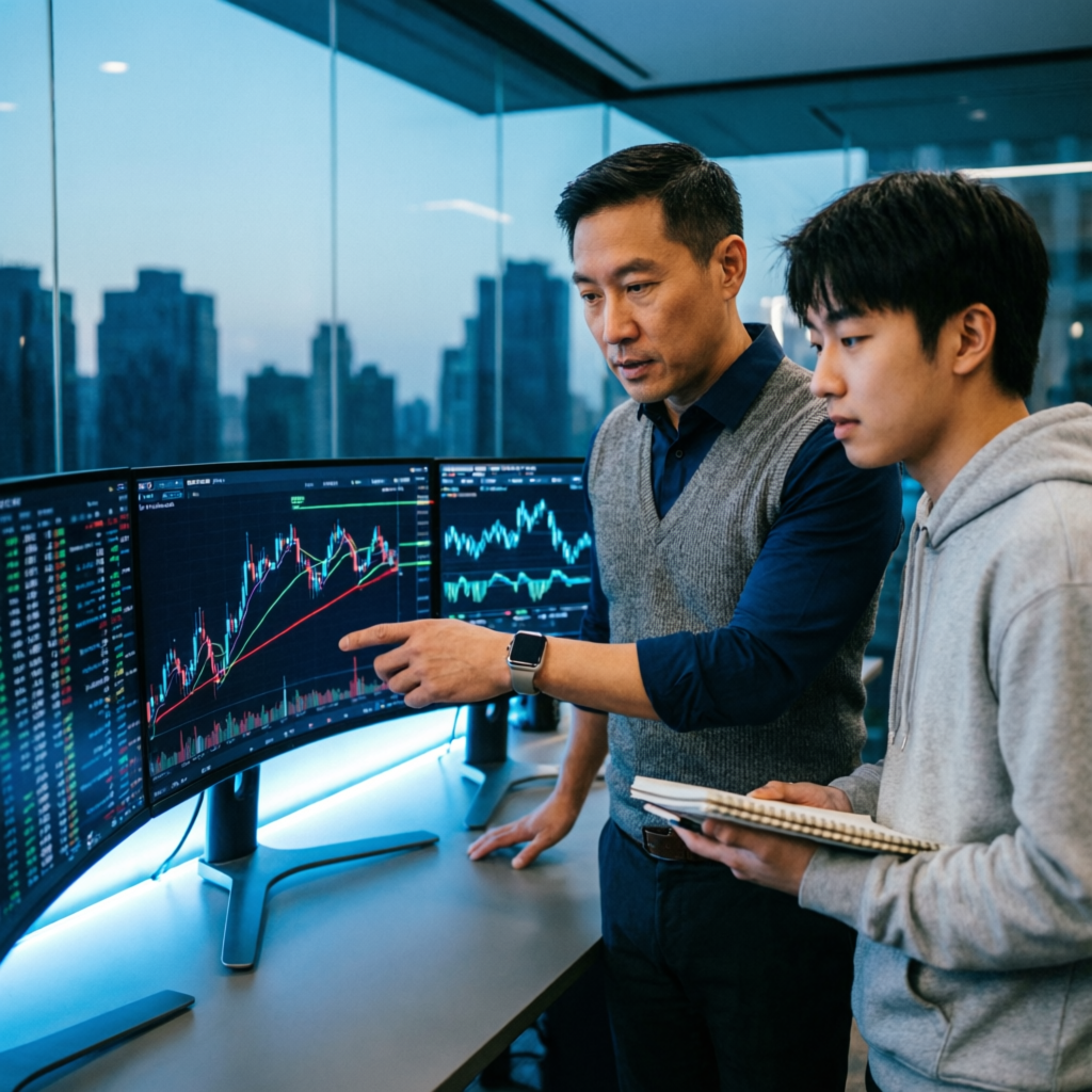 Professional trading mentor guiding student on charts