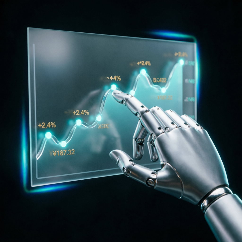 AI robot hand analyzing financial trading chart with data points