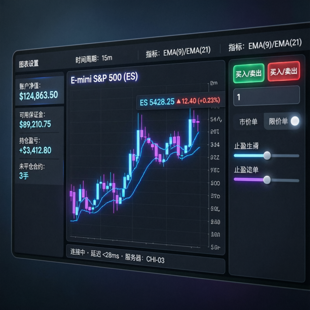 Topstep futures trading platform interface showing E-mini S&P 500 chart