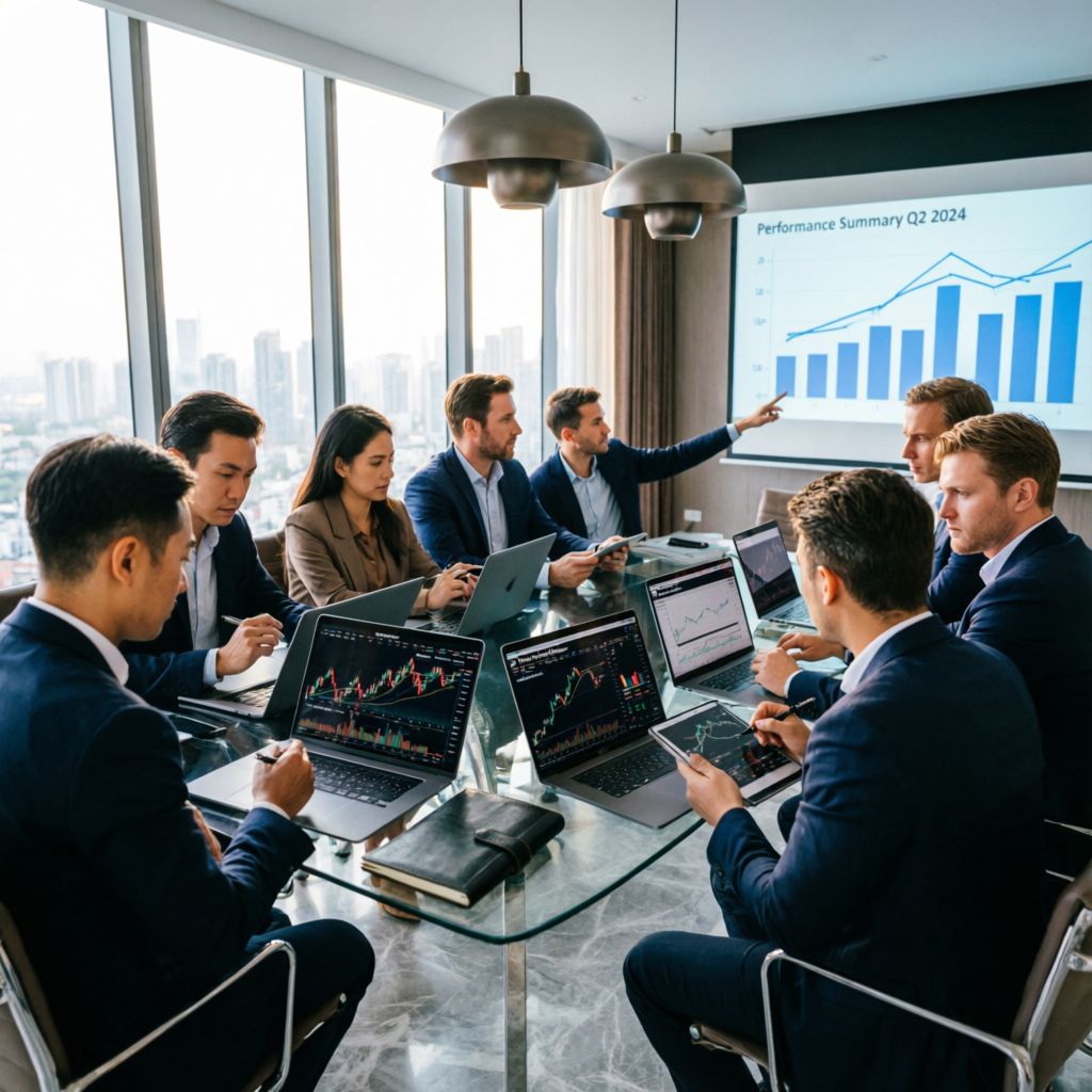 Professional financial analysts team reviewing prop firm accounts