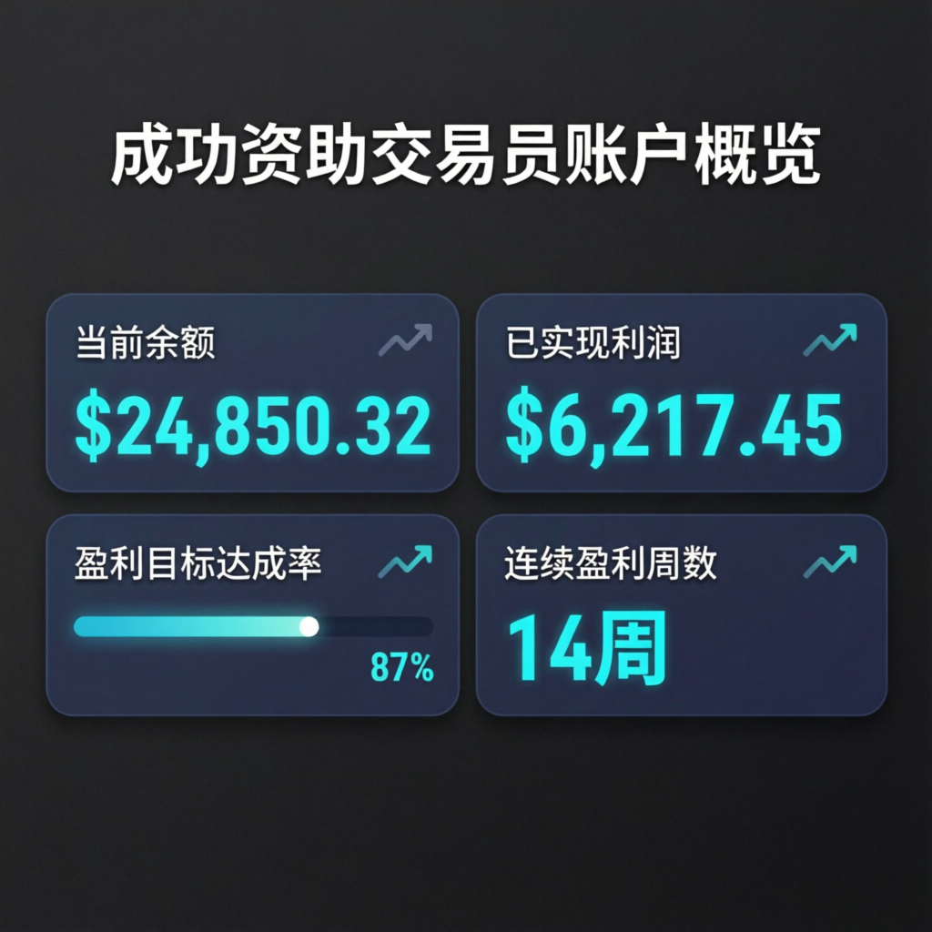 Funded trader account metrics dashboard showing profit targets and balance