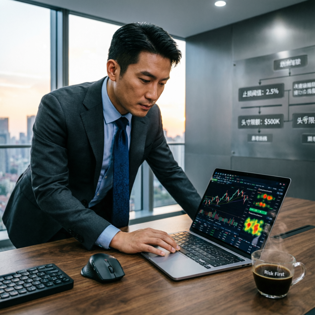 Professional trader executing risk management strategy on laptop