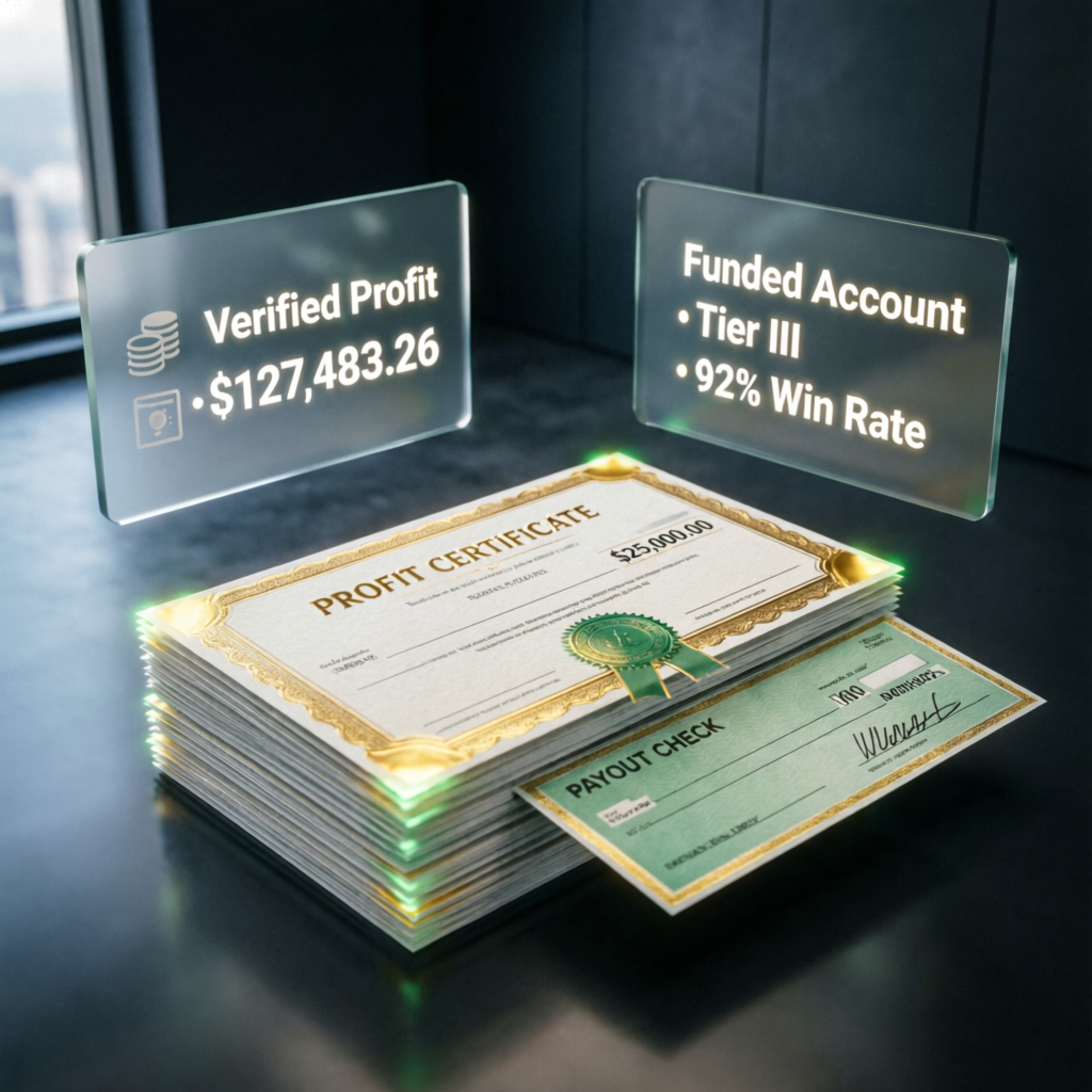 Funded trader profit certificate and payout check showing verified profits