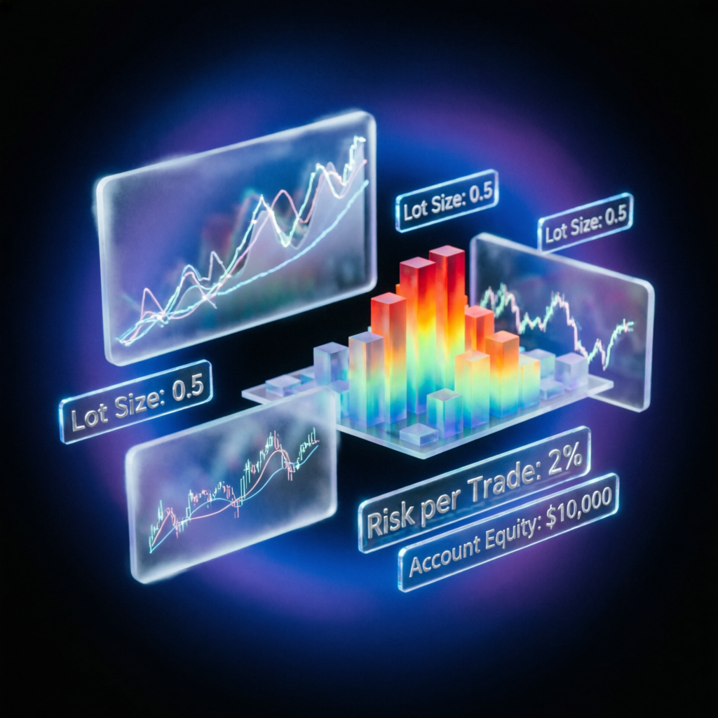 Position size calculation visualization showing lot sizes, risk per trade percentages, and account equity
