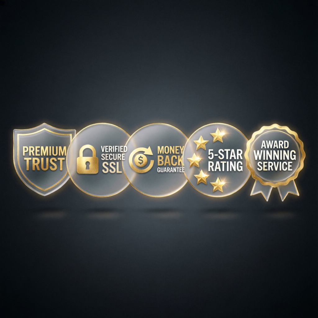 Trust badges showing premium trust, SSL security, money back guarantee, 5-star rating, and award winning service