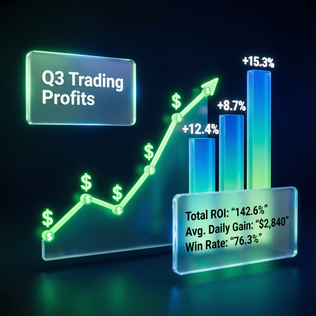 Financial growth chart showing Q3 trading profits and ROI metrics