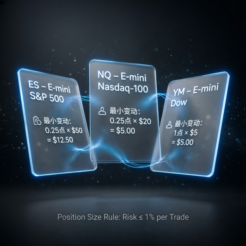 Futures contracts comparison showing ES, NQ, and YM position size rules and tick values