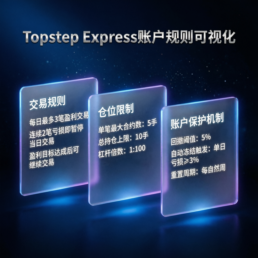 Topstep Express account rules visualization showing trading rules, position limits, and account protection