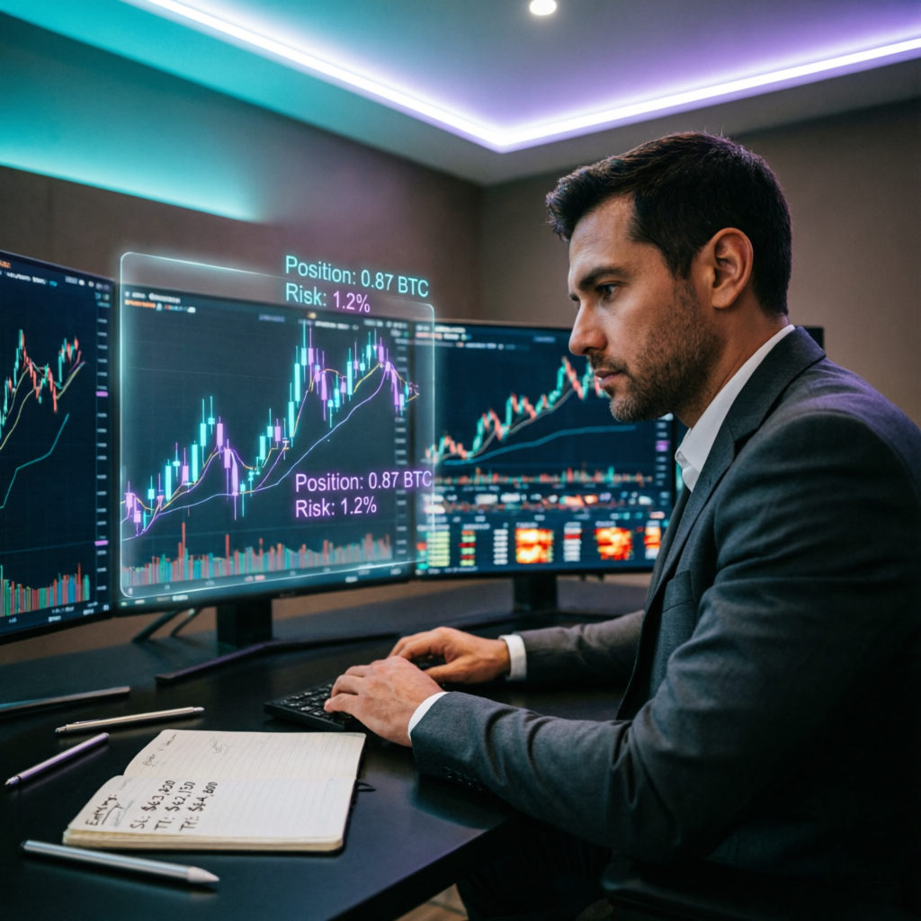 Professional trader analyzing position size and risk management on multiple monitors