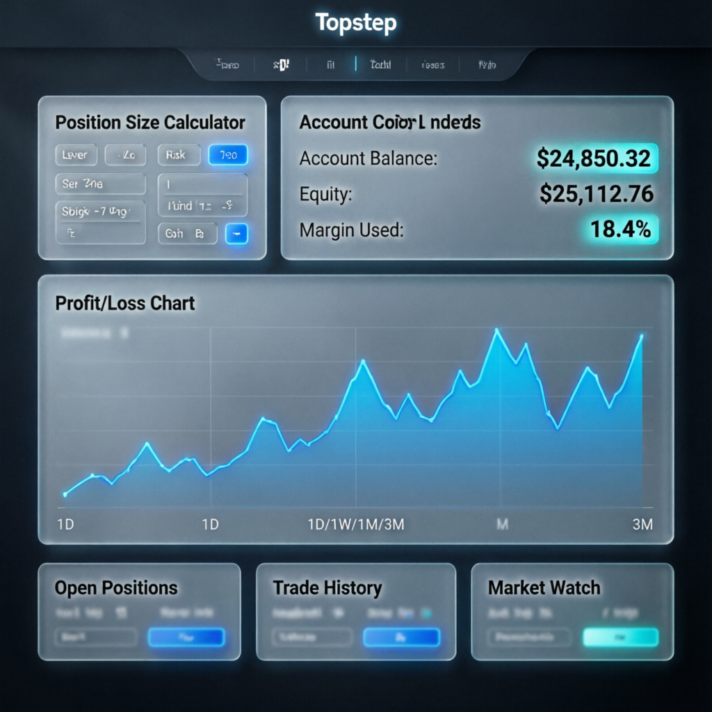 Topstep Position Size Calculator Dashboard showing account metrics, profit/loss charts, and contract limits