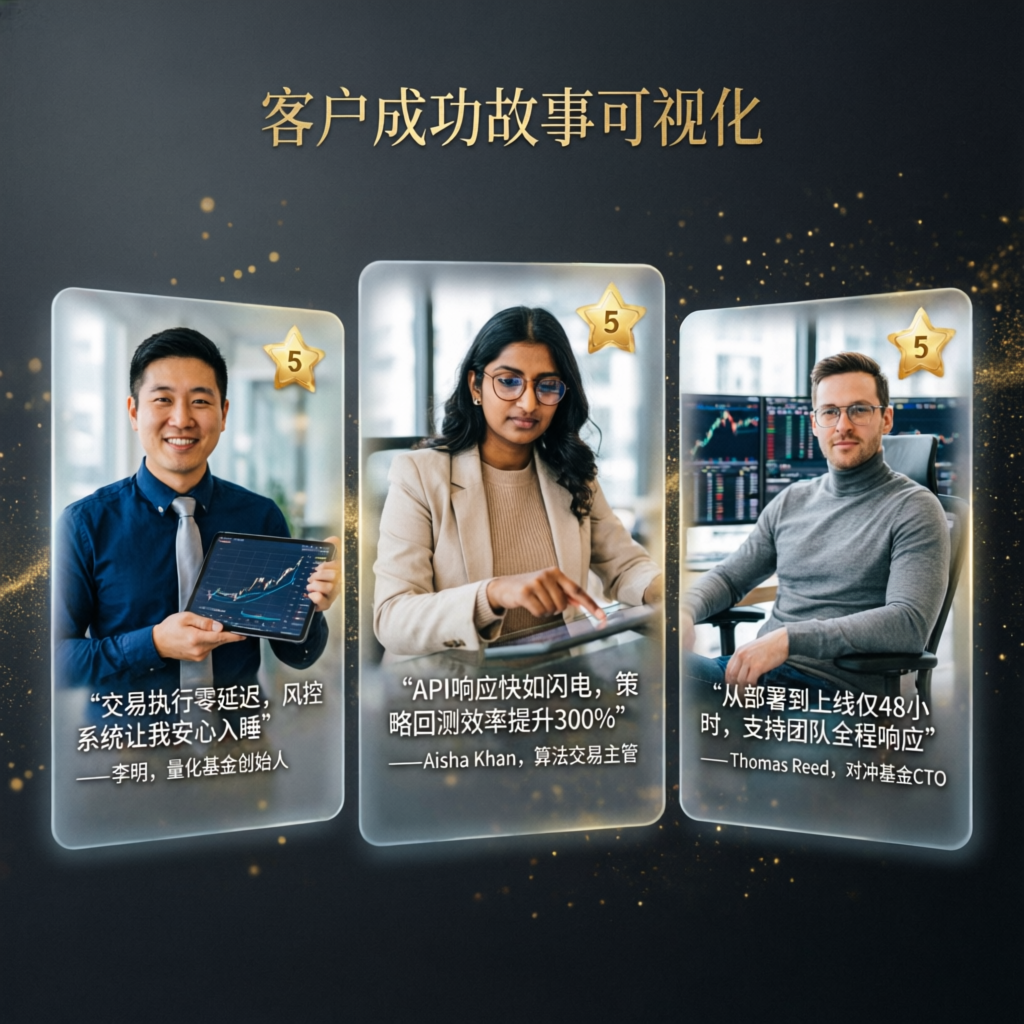 Customer success stories with 5-star ratings from funded traders