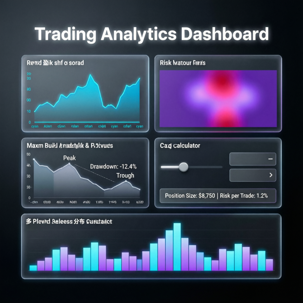 Trading Analytics Dashboard showing risk management metrics, drawdown analysis, and position size calculator