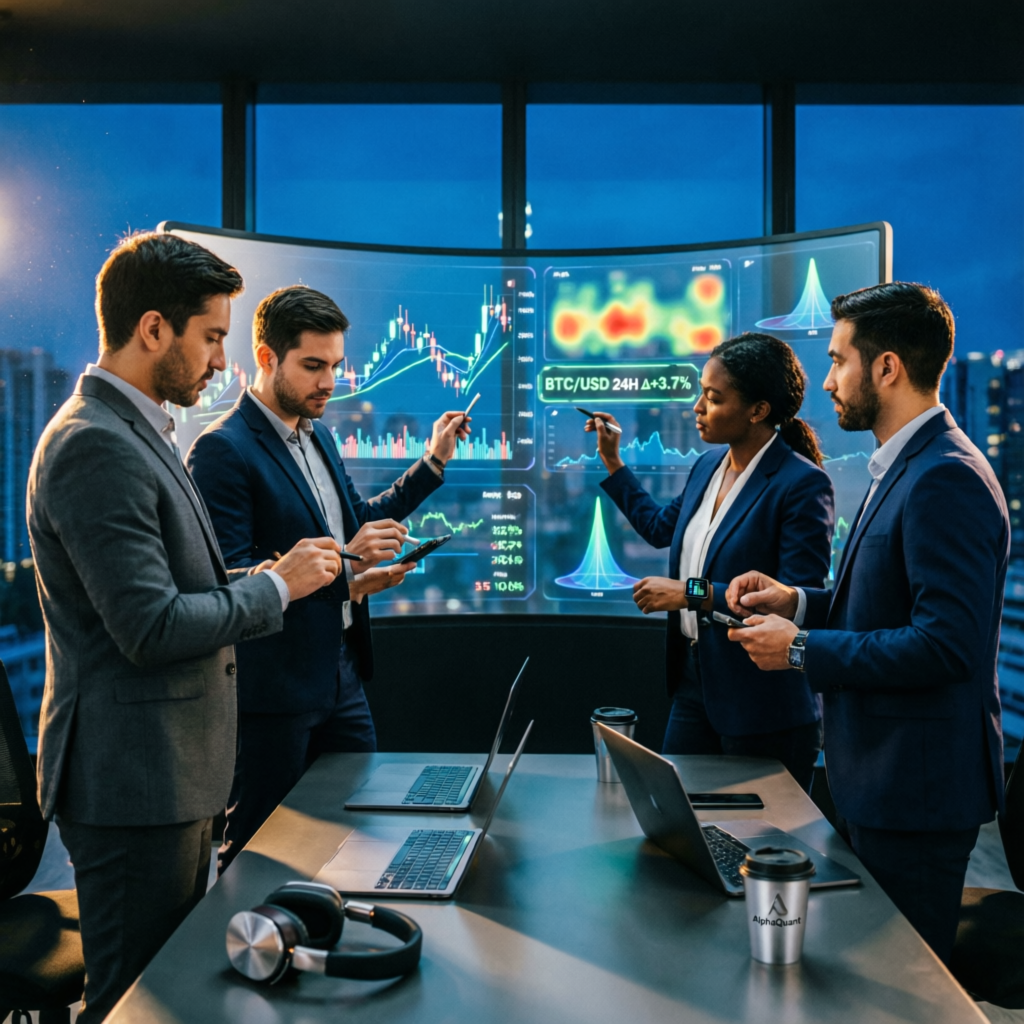 Professional trading team analyzing futures charts and prop firm strategies