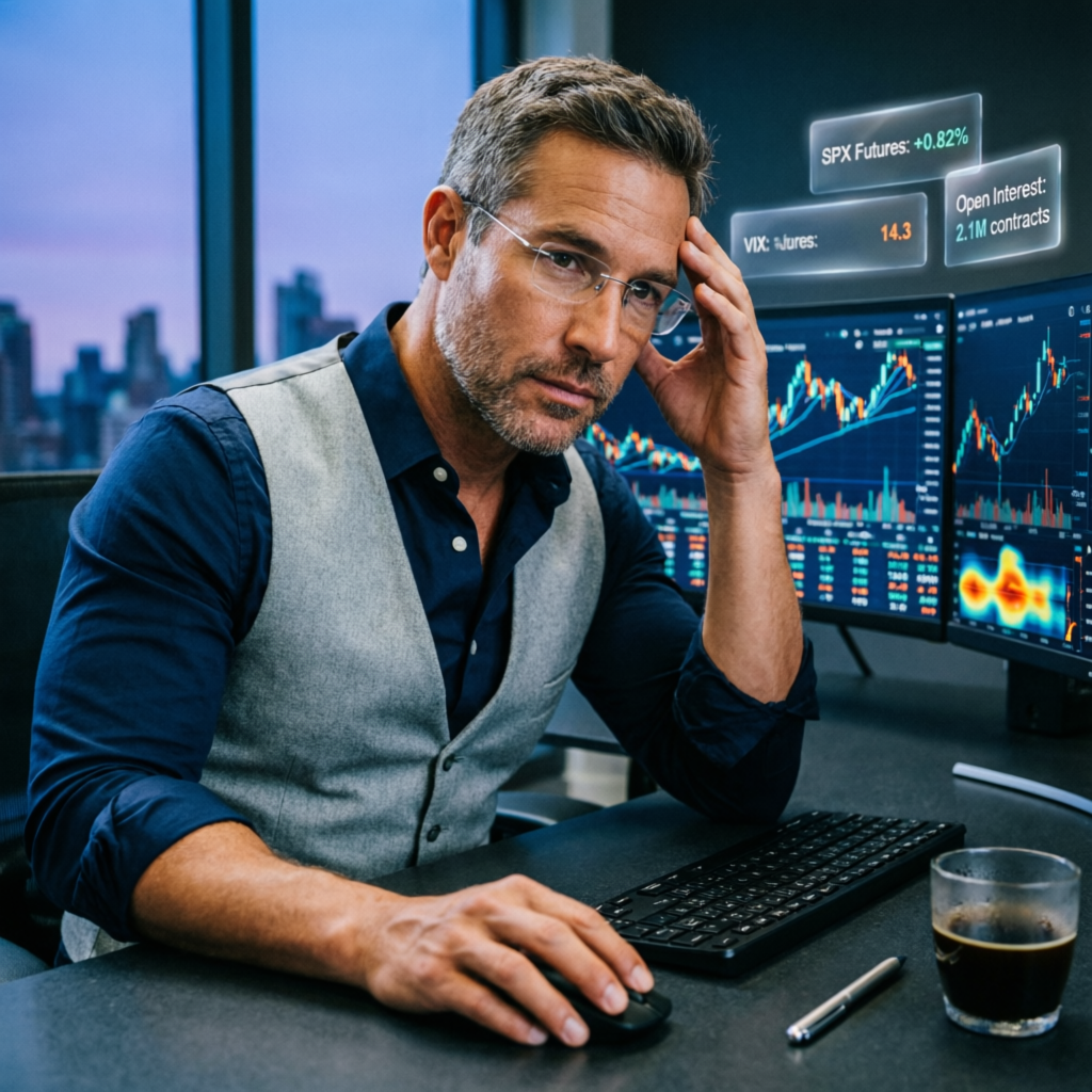 Professional futures trader analyzing Topstep charts and position size rules on multiple monitors