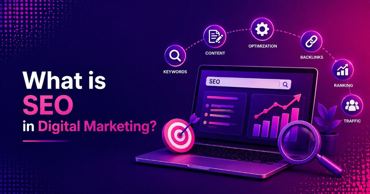 Otimização de SEO em marketing digital com laptop e análise de dados