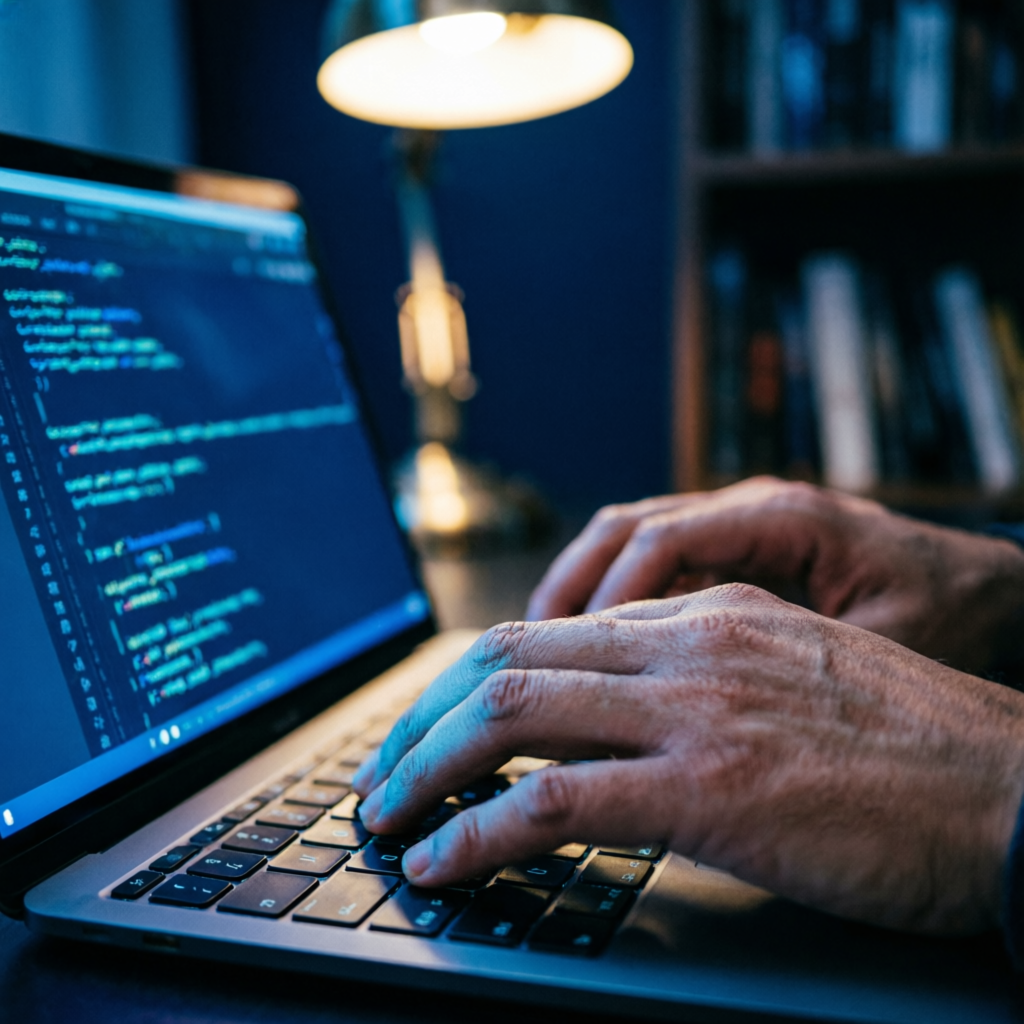 Developer writing code in a blue-lit editor