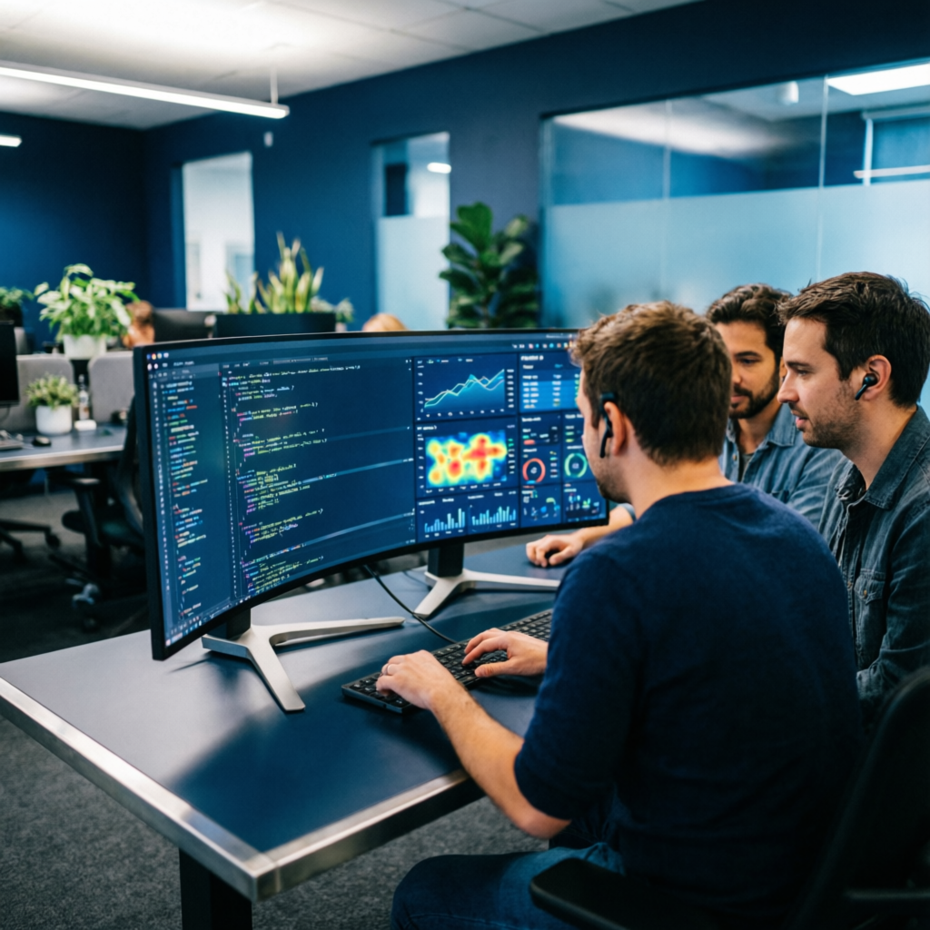 Ninja Coding Pro engineers collaborating around code and analytics dashboards
