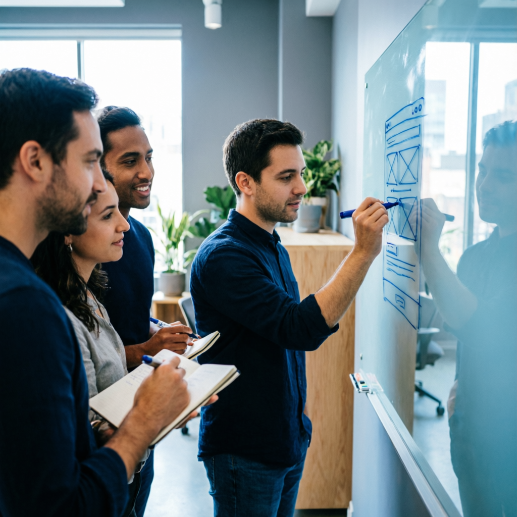 The team sketching interface wireframes on a glass whiteboard