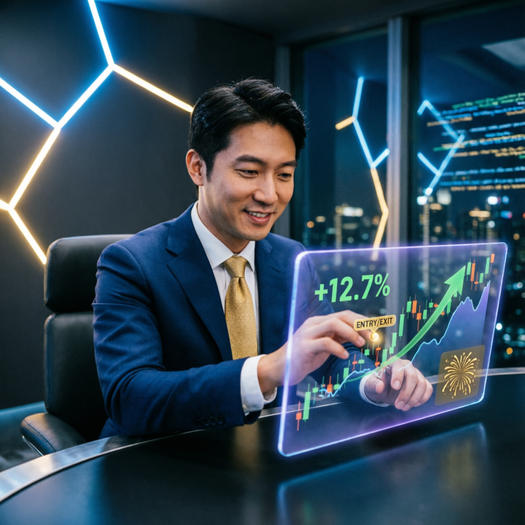 Professional trader reviewing profitable trading results