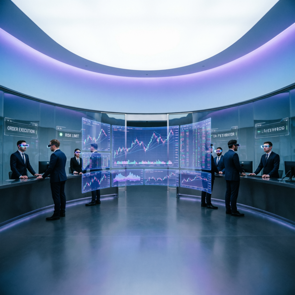 Professional prop trading floor with holographic charts representing Topstep's business model