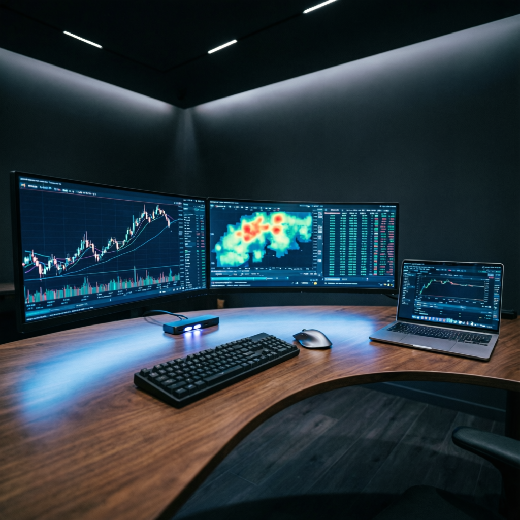 Professional trader workspace with multiple monitors showing Topstep trading platform