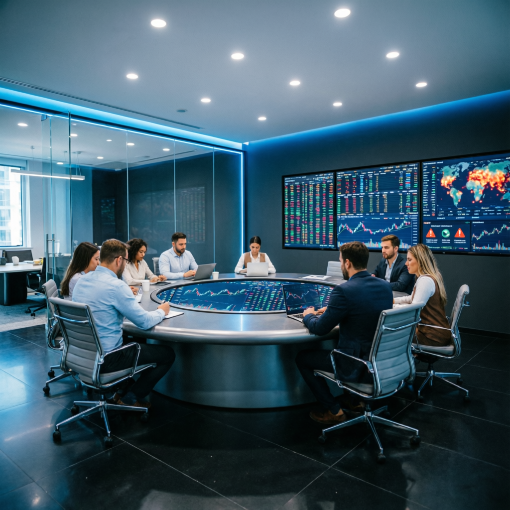Professional trading team collaboration in modern prop firm office