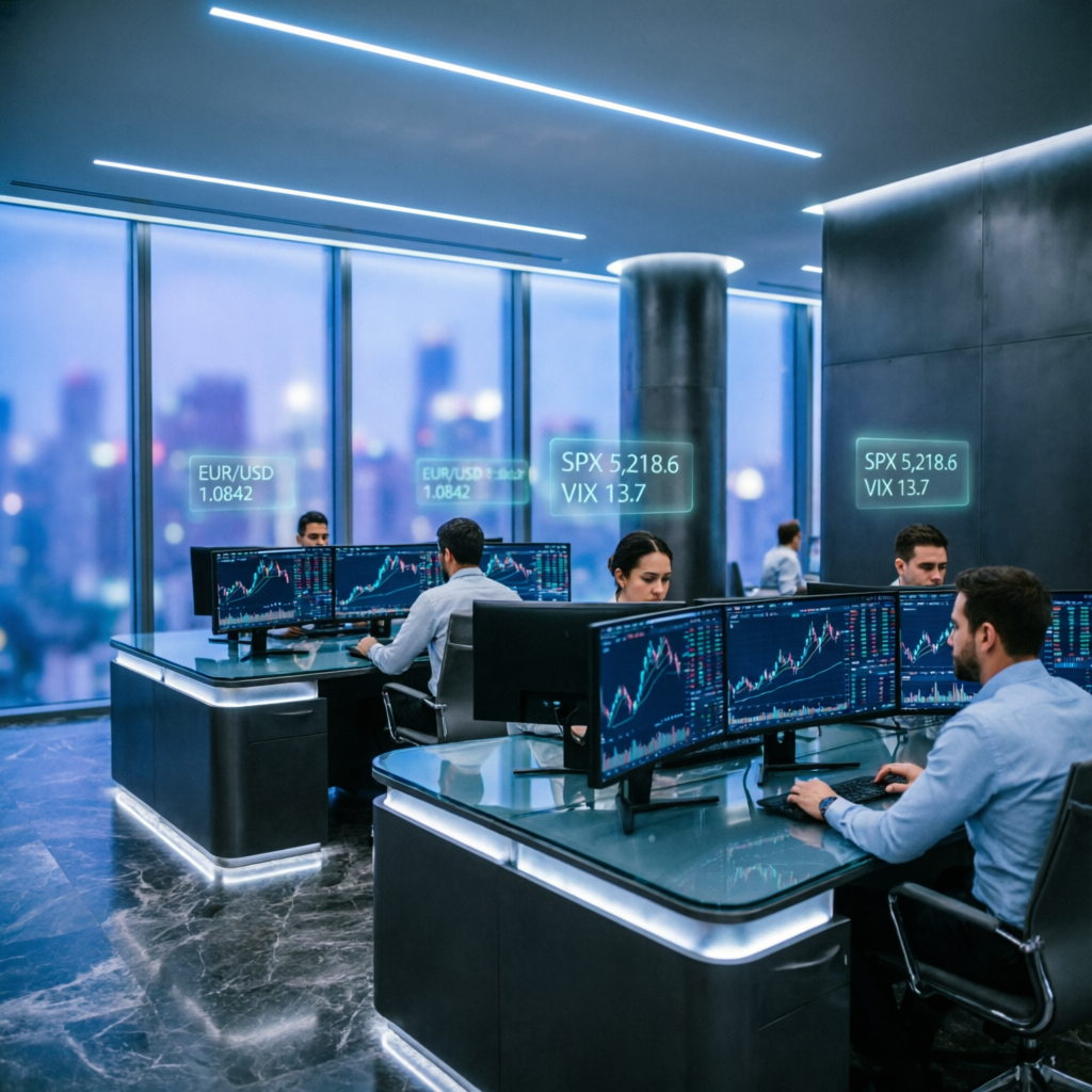 Modern prop trading office with multiple traders at workstations