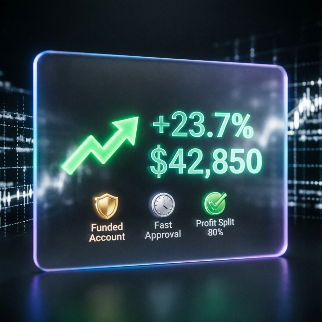 Funded account success showing +23.7% profit and $42,850 earnings