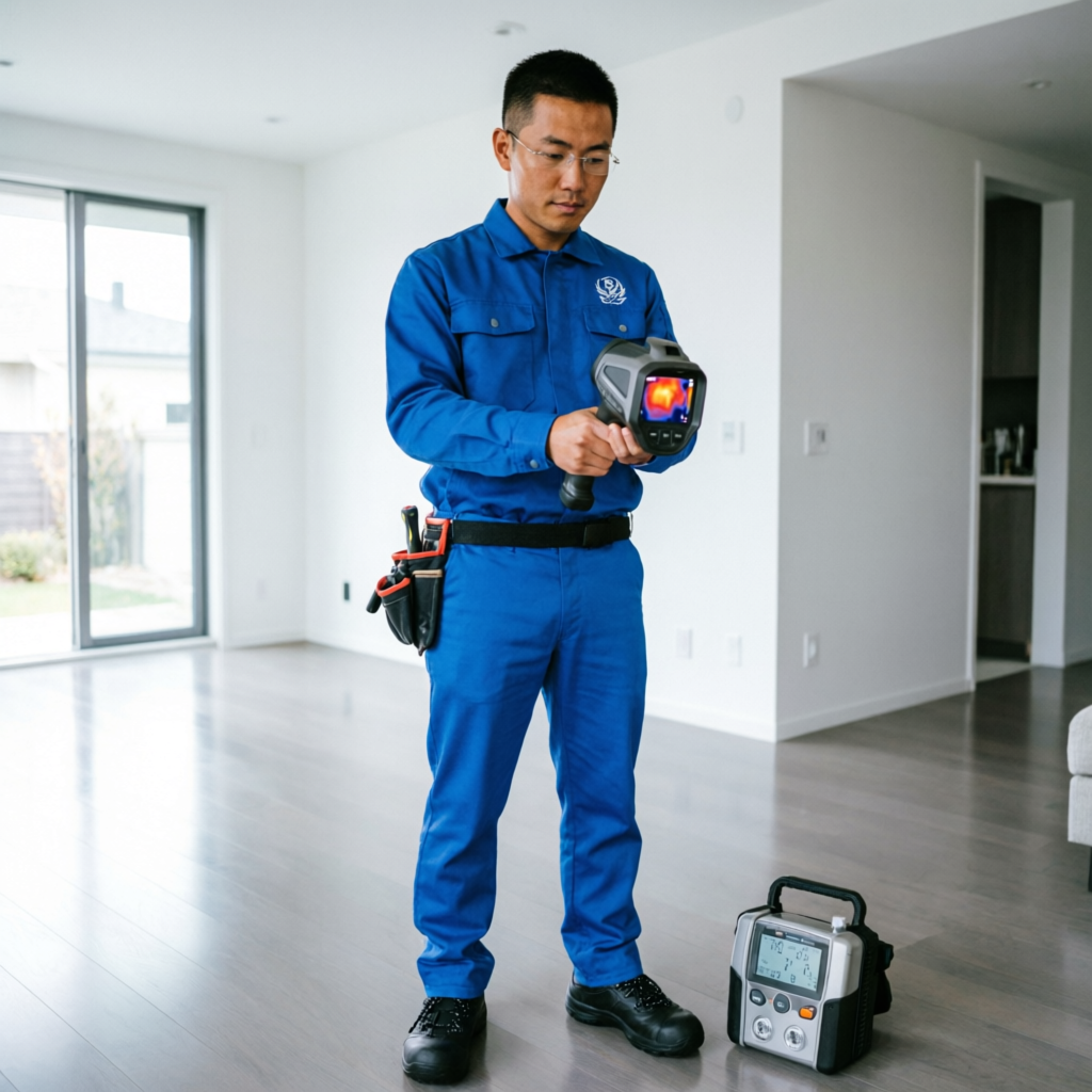 Professional water damage restoration technician using thermal imaging equipment