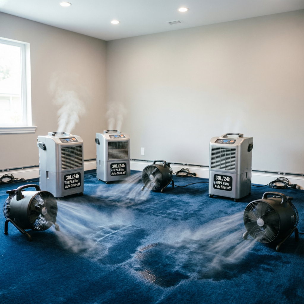 Industrial water extraction and dehumidification equipment in residential home
